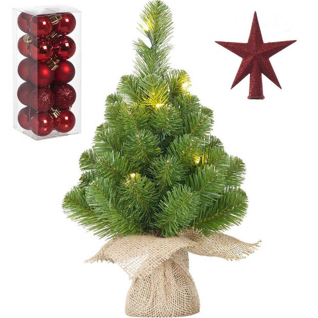 Kunst kerstboom met 10 LED lampjes 45 cm inclusief rode versiering 21-delig - Kunstkerstboom