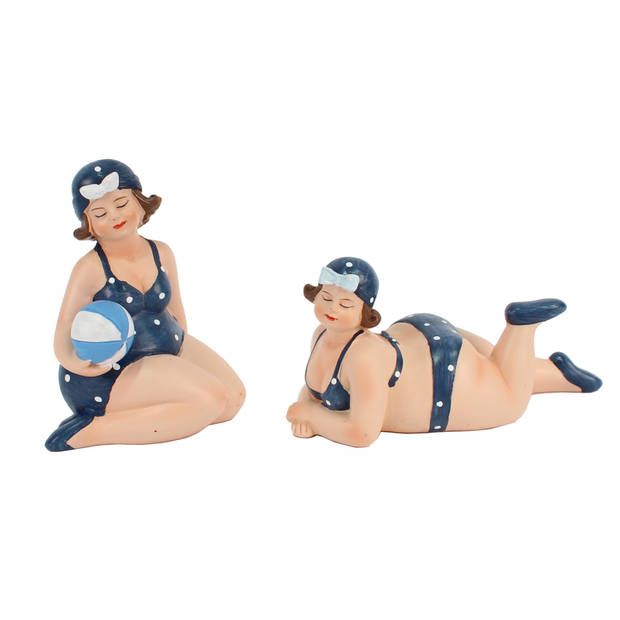 Woonkamer decoratie beeldjes 2 dikke dames - donkerblauw badpak - 11 cm - Beeldjes