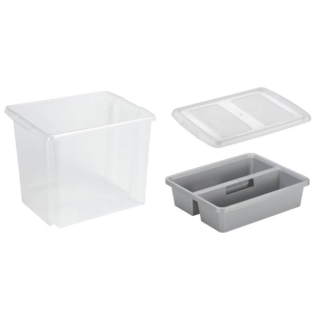 Sunware opslagbox kunststof 45 liter transparant 45 x 36 x 36 cm met deksel en organiser tray - Opbergbox