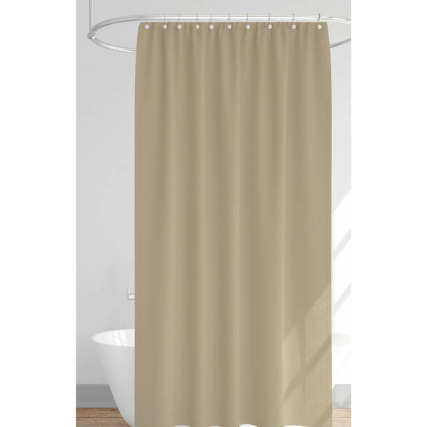 Douchegordijn met ringen - beige - polyester - 180 x 200 cm - incl ophangstang uitschuifbaar 70-120 cm - Douchegordijnen