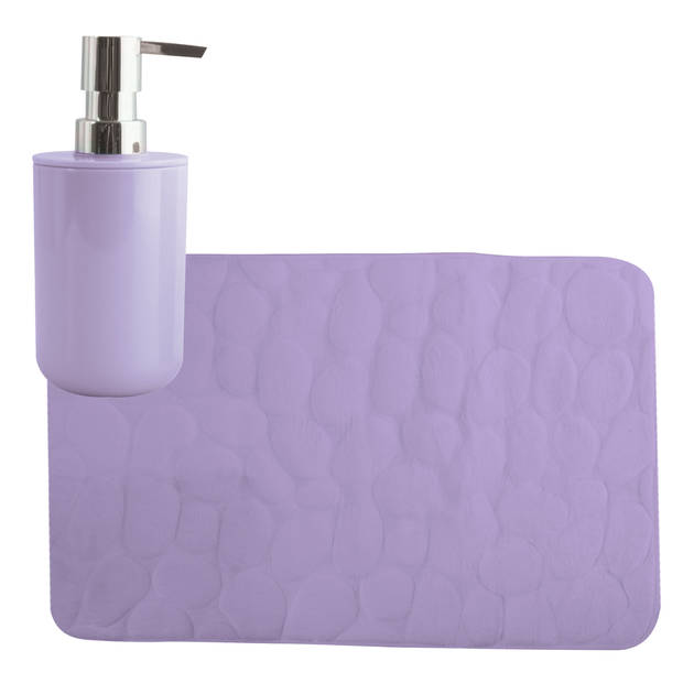 MSV badkamer droogloop mat/tapijt Kiezel - 50 x 80 cm - zelfde kleur zeeppompje - lila paars - Badmatjes