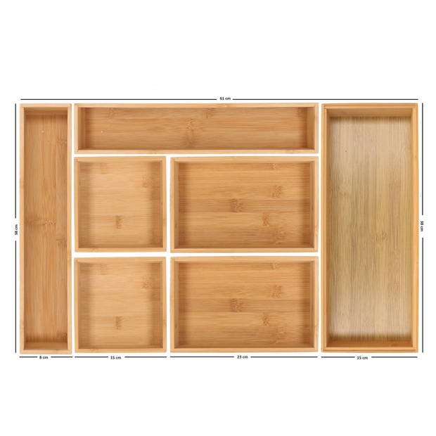 Lade bakjes/organize set - Tidy Smart - 7-delig - bamboe - 40 x 60 cm - opbergsysteem - Bestekbakken