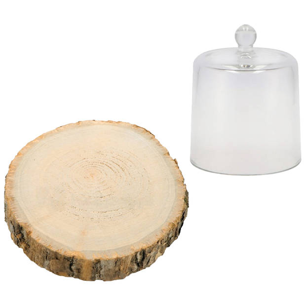 Decoratie stolp met boomschijf - glas/hout - D17 x H16 cm - deco cloche - hobby/woonaccessoire - Decoratieve stolpen