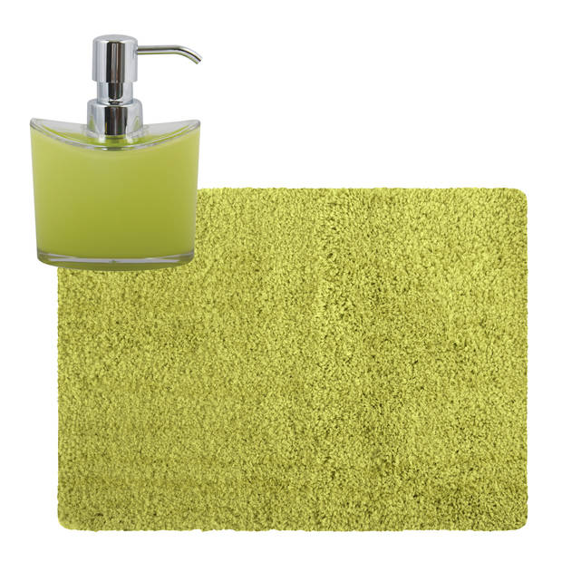 MSV badkamer droogloop tapijt - Langharig - 50 x 70 cm - incl zeeppompje 260 ml - limegroen - Badmatjes