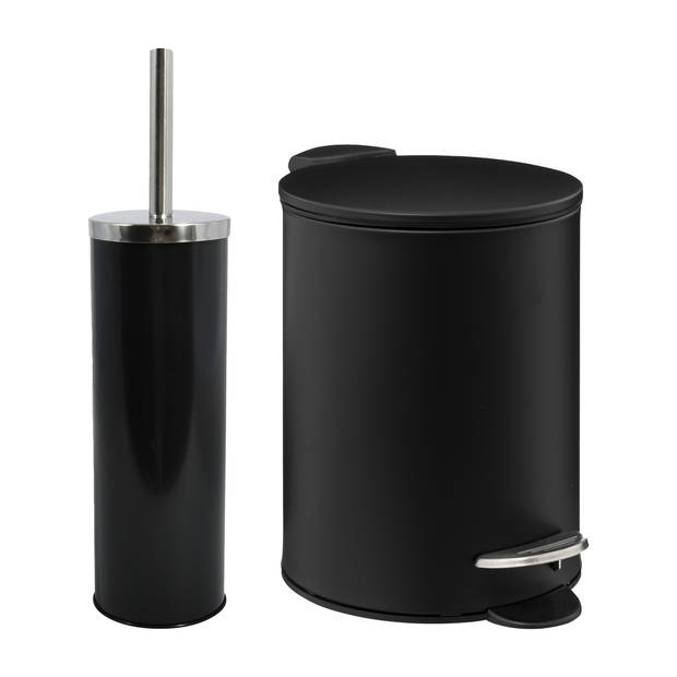 MSV Badkamer accessoires set - zwart - metaal - pedaalemmer 3L en toiletborstel in houder - Toiletborstels