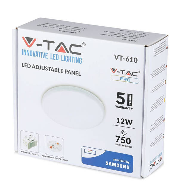 V-TAC VT-610RD Ronde Verstelbare LED Minipanelen - Samsung - IP20 - Wit - 12W - 750 Lumen - 6400K - 5 Jaar