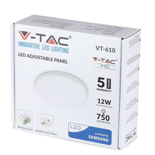 V-TAC VT-610RD Ronde Verstelbare LED Minipanelen - Samsung - IP20 - Wit - 12W - 750 Lumen - 3000K - 5 Jaar