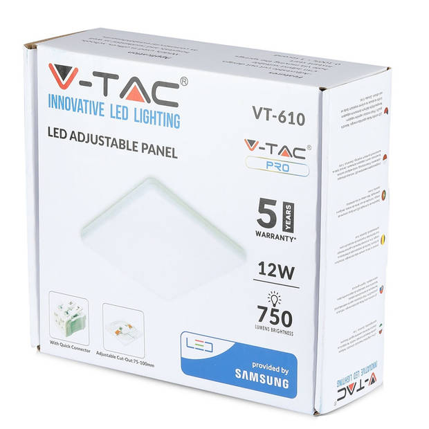 V-TAC VT-610SQ Vierkante Verstelbare LED Minipanelen - Samsung - IP20 - Wit - 12W - 750 Lumen - 6400K - 5 Jaar