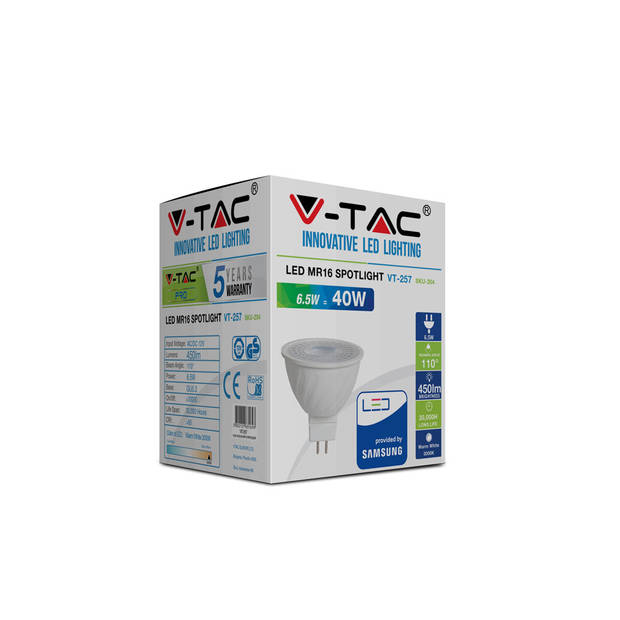 V-TAC VT-257 MR16 Witte LED Spots - Samsung - 110° - IP20 - 6,5W - 450 Lumen - 6400K - 5 Jaar