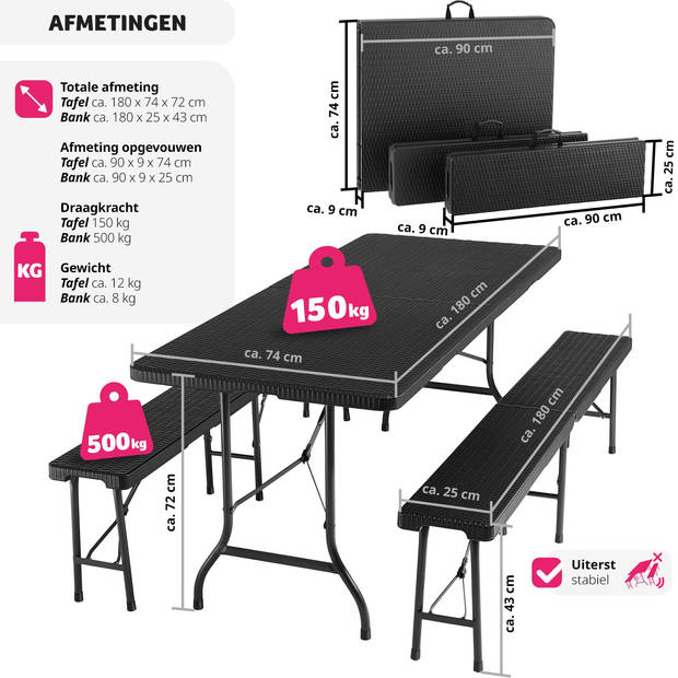 tectake® - Campingtafelset, campingtafel met banken, campingmeubelset - zwart - 404528