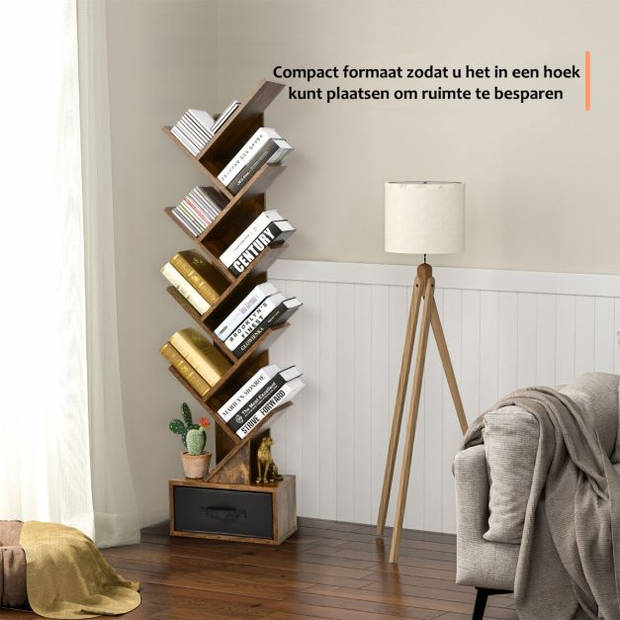 Zenzee Boekenkast - Boekenplank - 8 Schappen - Met Lade - Industrieel - 38 x 22 x 150 cm