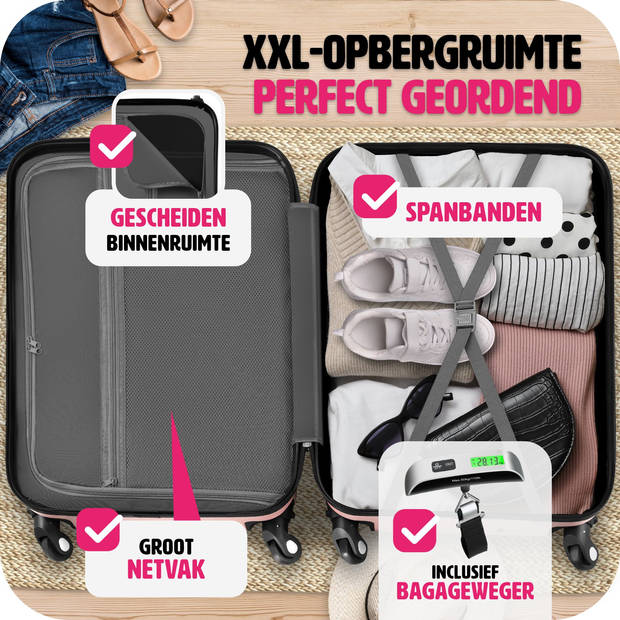 tectake® 4-Delige Reiskofferset - Hardshell, 360° Wielen, Cijferslot, Bagageweger - Handbagage Trolley - Rose goud