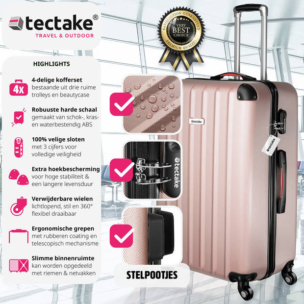 tectake® 4-Delige Reiskofferset - Hardshell, 360° Wielen, Cijferslot, Bagageweger - Handbagage Trolley - Rose goud