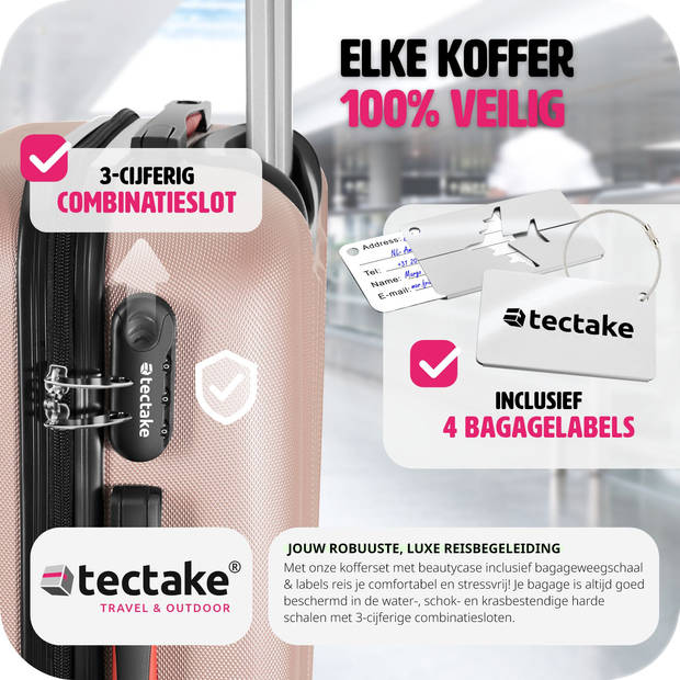 tectake® 4-Delige Reiskofferset - Hardshell, 360° Wielen, Cijferslot, Bagageweger - Handbagage Trolley - Rose goud