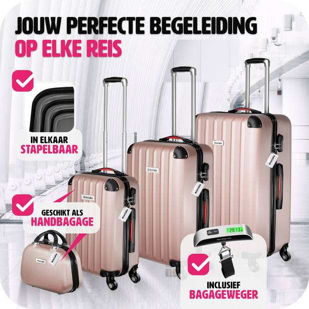 tectake® 4-Delige Reiskofferset - Hardshell, 360° Wielen, Cijferslot, Bagageweger - Handbagage Trolley - Rose goud