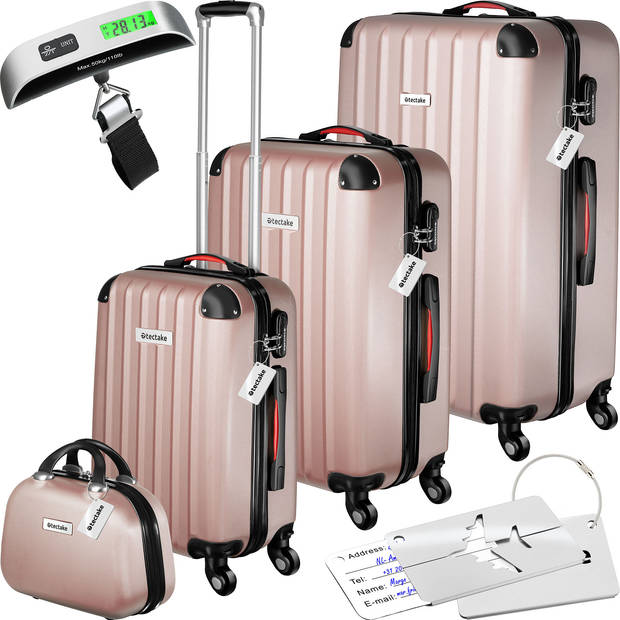 tectake® 4-Delige Reiskofferset - Hardshell, 360° Wielen, Cijferslot, Bagageweger - Handbagage Trolley - Rose goud