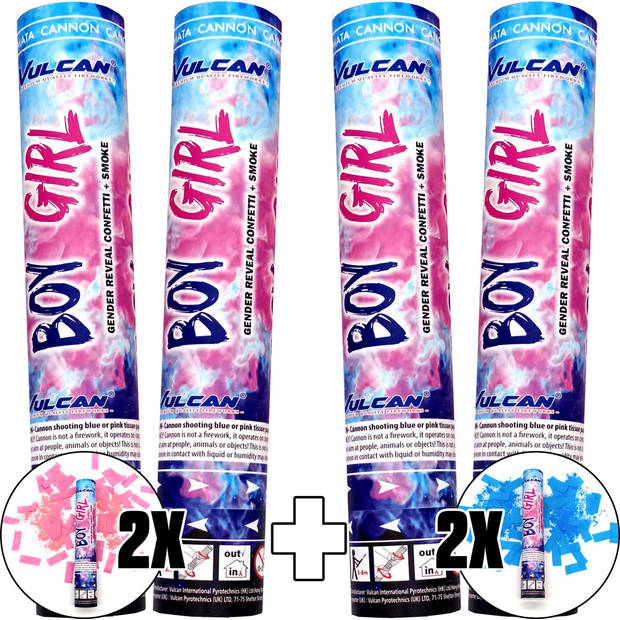 Gender Reveal Rookkanon Mix - Jongen én Meisje Surprise Pack - Confetti Kanon 2x Roze én 2x Blauw - Confetti Shooter - C