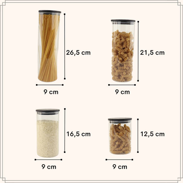 OTIX Voorraadpotten - Glas - met Deksel - 4-delig - Zwart - Hout