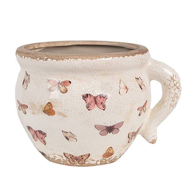 Clayre & Eef Bloempot Binnen 17x14x12 cm Beige Roze Keramiek Vlinders Plantenpot Beige Plantenpot