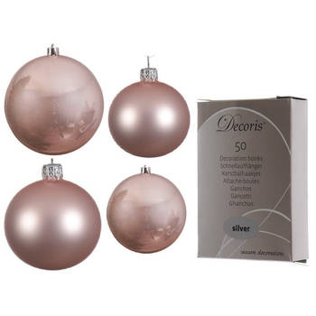 Glazen kerstballen pakket lichtroze glans/mat 38x stuks 4 en 6 cm inclusief haakjes - Kerstbal