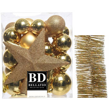 Kerstversiering kerstballen 5-6-8 cm met ster piek en glitter slingers pakket goud van 35x stuks - Kerstbal