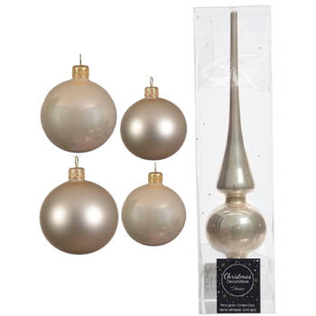Glazen kerstballen pakket champagne glans/mat 38x stuks 4 en 6 cm met piek glans - Kerstbal