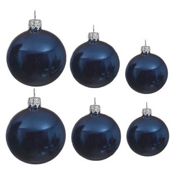 Glazen kerstballen pakket donkerblauw glans 16x stuks diverse maten - Kerstbal