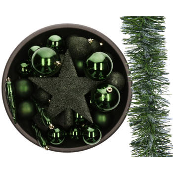 Kunststof kerstballen - 33x st- met slinger en ster piek -donkergroen - Kerstbal