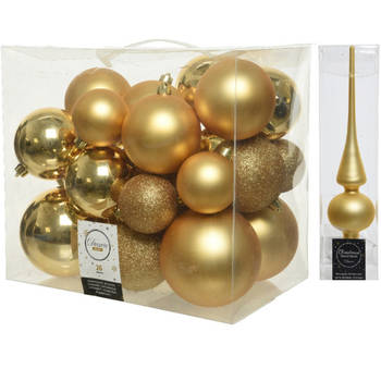 Kerstversiering kunststof kerstballen met piek goud 6-8-10 cm pakket van 27x stuks - Kerstbal