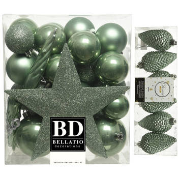 Kerstversiering kunststof kerstballen met piek salie groen 5-6-8 cm pakket van 39x stuks - Kerstbal