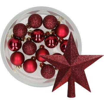 Decoris 14x stuks kerstballen 3 cm met ster piek bordeaux rood kunststof - Kerstbal