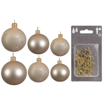 Groot pakket glazen kerstballen 50x champagne glans/mat 4-6-8 cm incl haakjes - Kerstbal