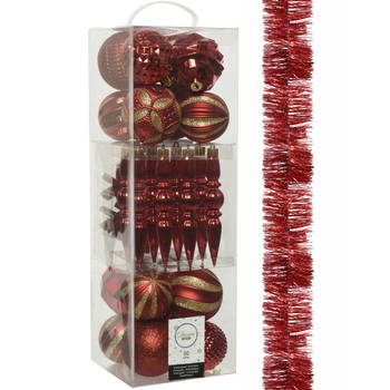 Decoris 30x stuks kunststof kerstballen en ornamenten met slinger rood - Kerstbal
