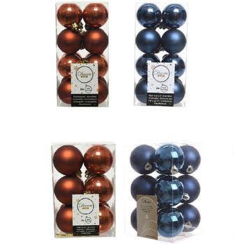 Kerstversiering kunststof kerstballen mix donkerblauw/terra bruin 4 en 6 cm pakket van 80x stuks - Kerstbal