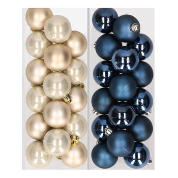 32x stuks kunststof kerstballen mix van champagne en donkerblauw 4 cm - Kerstbal