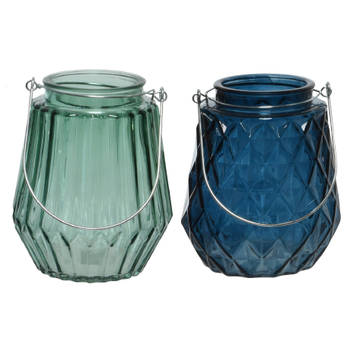 Set van 2x stuks theelichthouders/waxinelichthouders glas zeegroen en donkerblauw 11 x 13 cm - Waxinelichtjeshouders