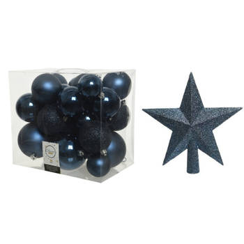 Kerstversiering kunststof kerstballen met piek donkerblauw 6-8-10 cm pakket van 27x stuks - Kerstbal