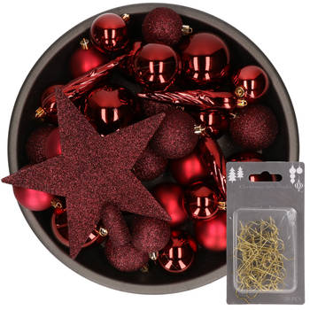 33x kunststof kerstballen 5-6-8 cm bordeaux rood met ster piek en haakjes - Kerstbal