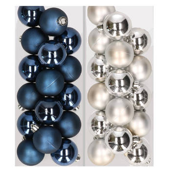 32x stuks kunststof kerstballen mix van donkerblauw en zilver 4 cm - Kerstbal