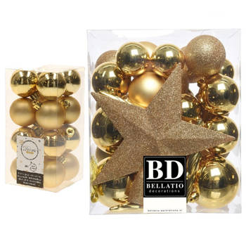 Kerstversiering kunststof kerstballen met piek goud 4-5-6-8 cm pakket van 49x stuks - Kerstbal