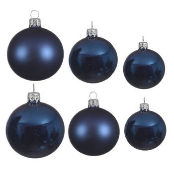 Glazen kerstballen pakket donkerblauw glans/mat 16x stuks diverse maten - Kerstbal