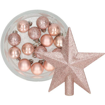 Decoris 14x stuks kerstballen 3 cm met ster piek lichtroze kunststof - Kerstbal