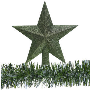 Kerstboom piek ster - donkergroen - 19 cm -met kerstslinger -kunststof - Kerstbal