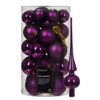 Kerstversiering -30x st kunststof kerstballen en glazen piek -paars - Kerstbal