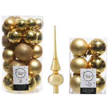 Kerstversiering kunststof kerstballen met piek goud 4-5-6 cm pakket van 43x stuks - Kerstbal