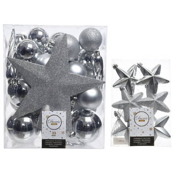 Kerstversiering kunststof kerstballen met piek zilver 5-6-8 cm pakket van 39x stuks - Kerstbal