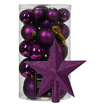 Kerstversiering - 30x kerstballen en ster piek - paars - kunststof - Kerstbal
