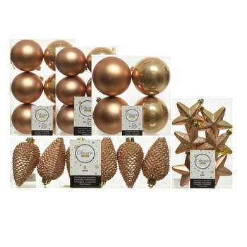 Kerstversiering kunststof kerstballen camel bruin 6-8-10 cm pakket van 62x stuks - Kerstbal