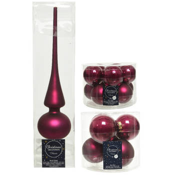 Glazen kerstballen pakket framboos roze glans/mat 32x stuks inclusief piek mat - Kerstbal
