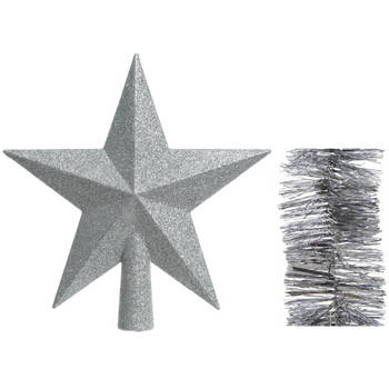 Kerstversiering kunststof glitter ster piek 19 cm en folieslingers pakket zilver van 3x stuks - kerstboompieken
